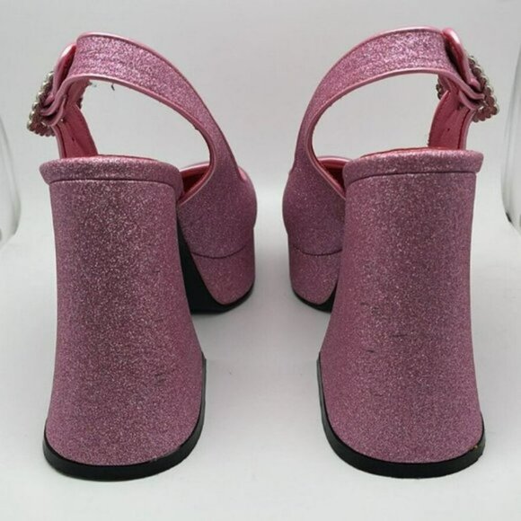 Sugar Thrillz Paradise Heart Pink Glitter Platform Heels with Heart clasp Size 7 - Picture 7 of 11